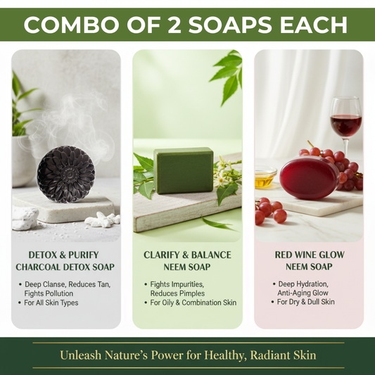 Combo of 2 Black Detox Charcoal Soap, 2 Anti-Acne Neem Soap and 2 Red Wine Soap For Face & Body (Total 6 Soaps)